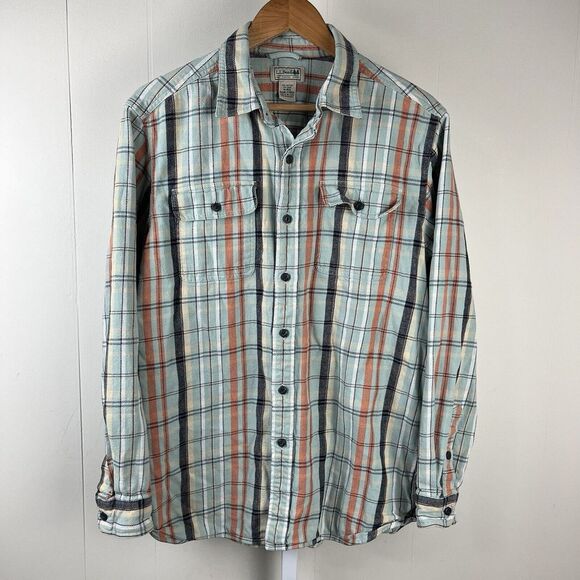 L.L. Bean Button Up Shirt Mens Medium‎ Aqua Blue Orange Plaid Cotton Linen Blend - Picture 1 of 6